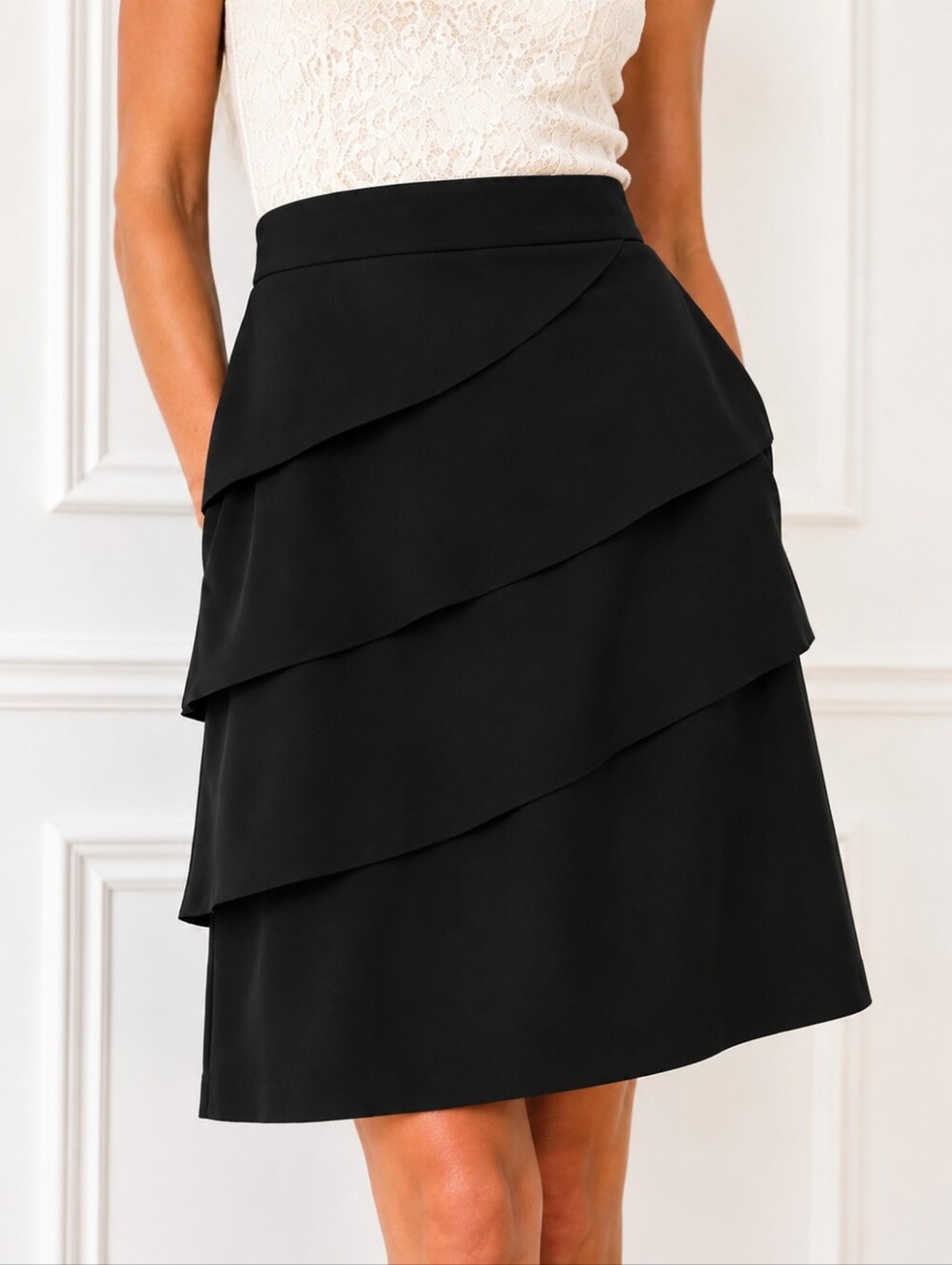 Connected Apparel | Lace Bodice Pearl Accent Dress | Size 12 | Black Ivory - Picture 4 of 11